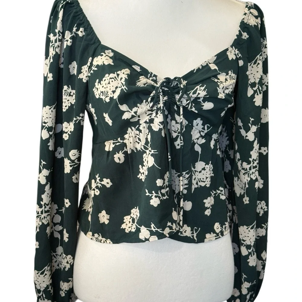 Abercrombie & Fitch Dark Green Floral Square-Neck Peplum Blouse